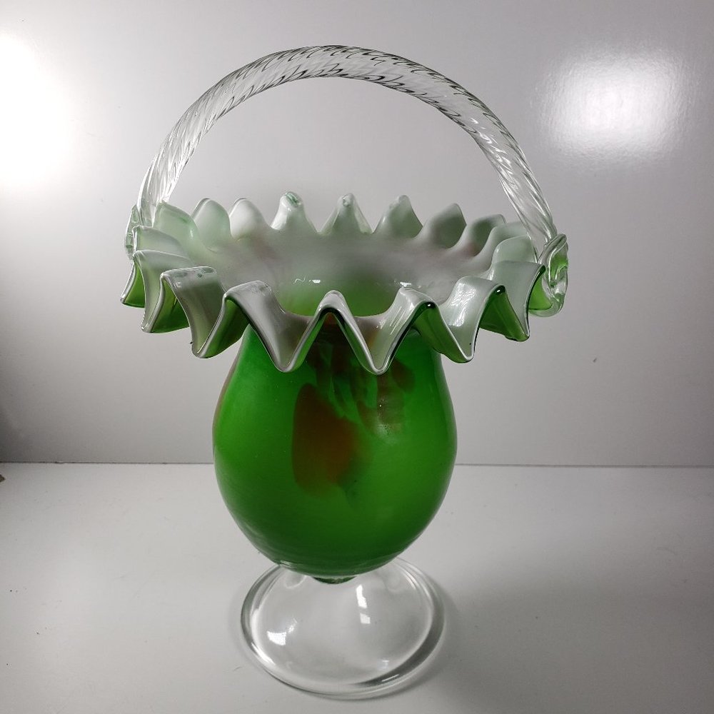 Green Bohemian Art Glass Basket Handblown W/ Clear Handle Ruffle Edged LARGE